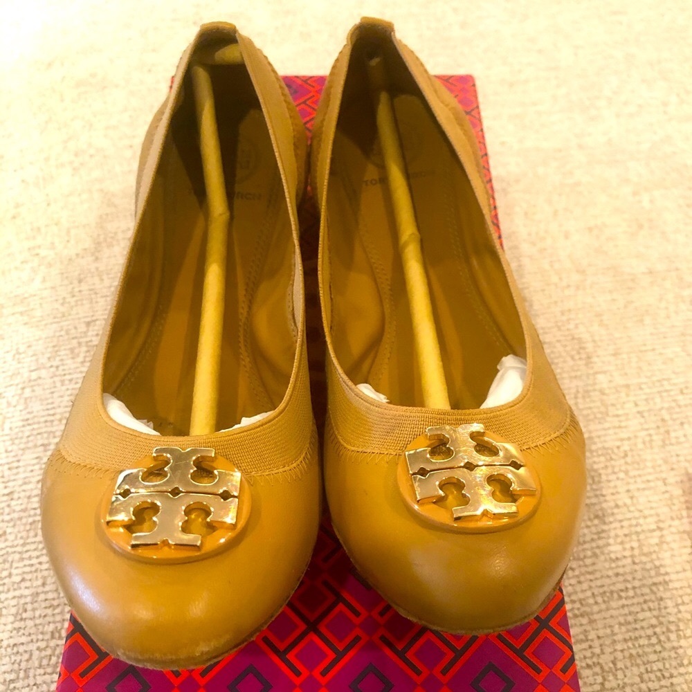 Tory Burch Tan Flats with Gold Emblem